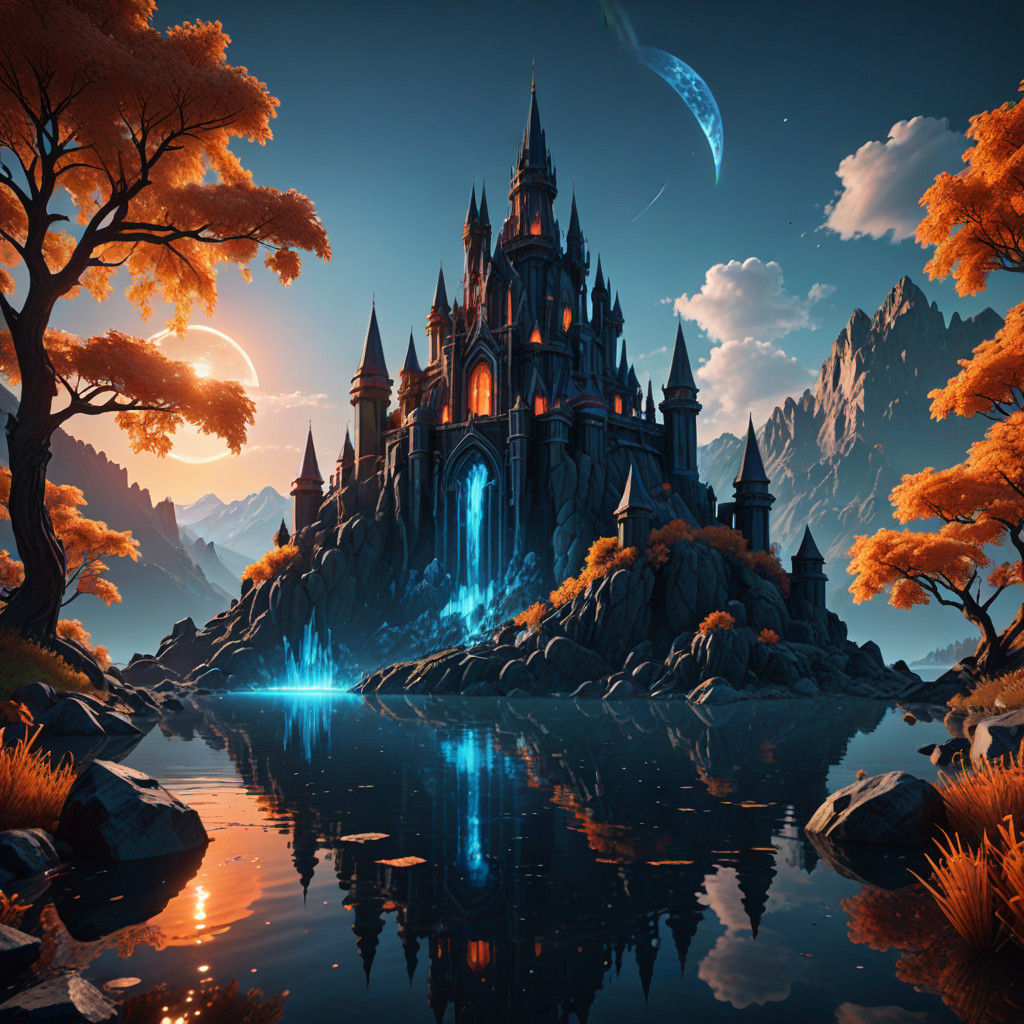 Epic Cyberpunk Landscape with Crystal Castle at Sunset