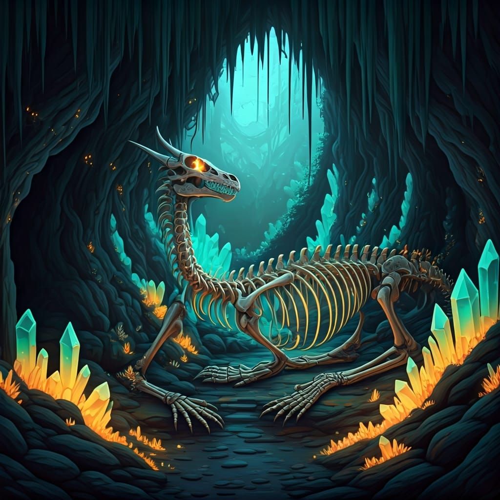 Bioluminescent Dragon Skeleton in Crystal Grotto