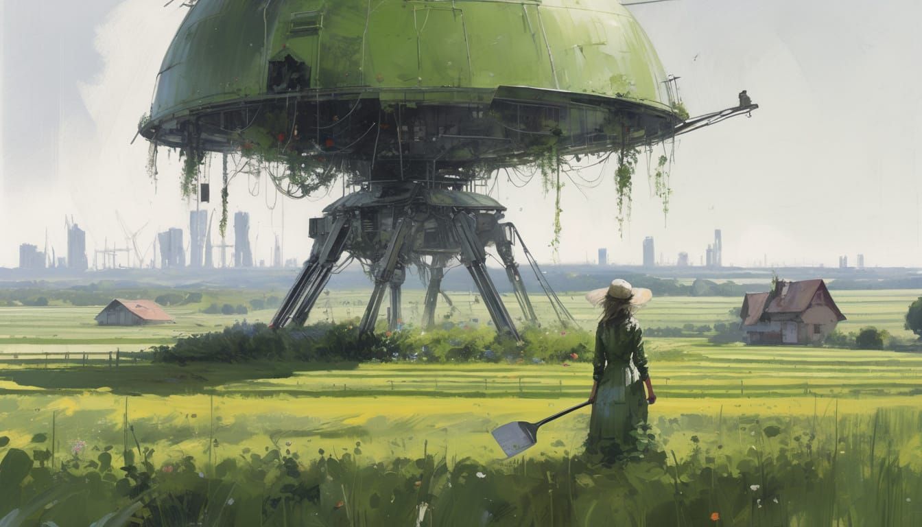 Female Robot Farmer in Cyberpunk Landscape