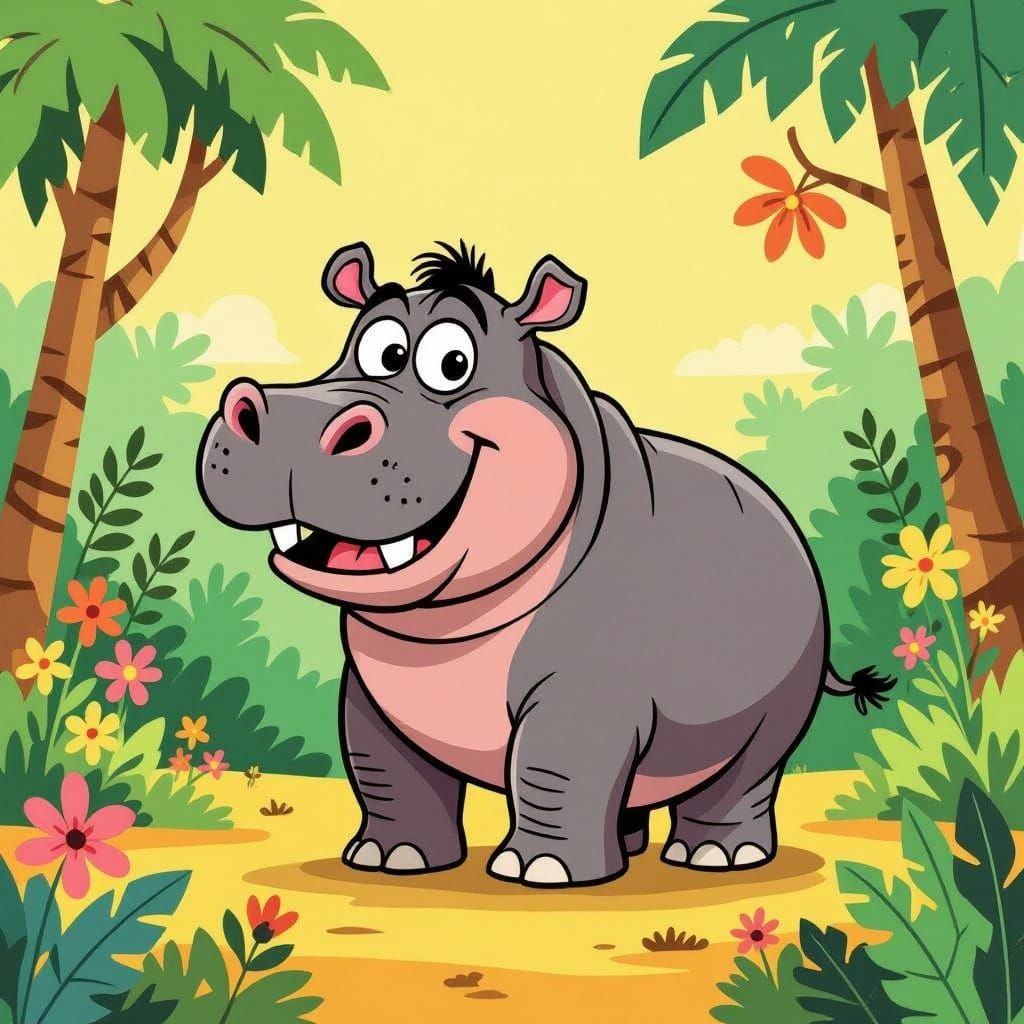 Whimsical Hippo in Vintage Jungle Setting