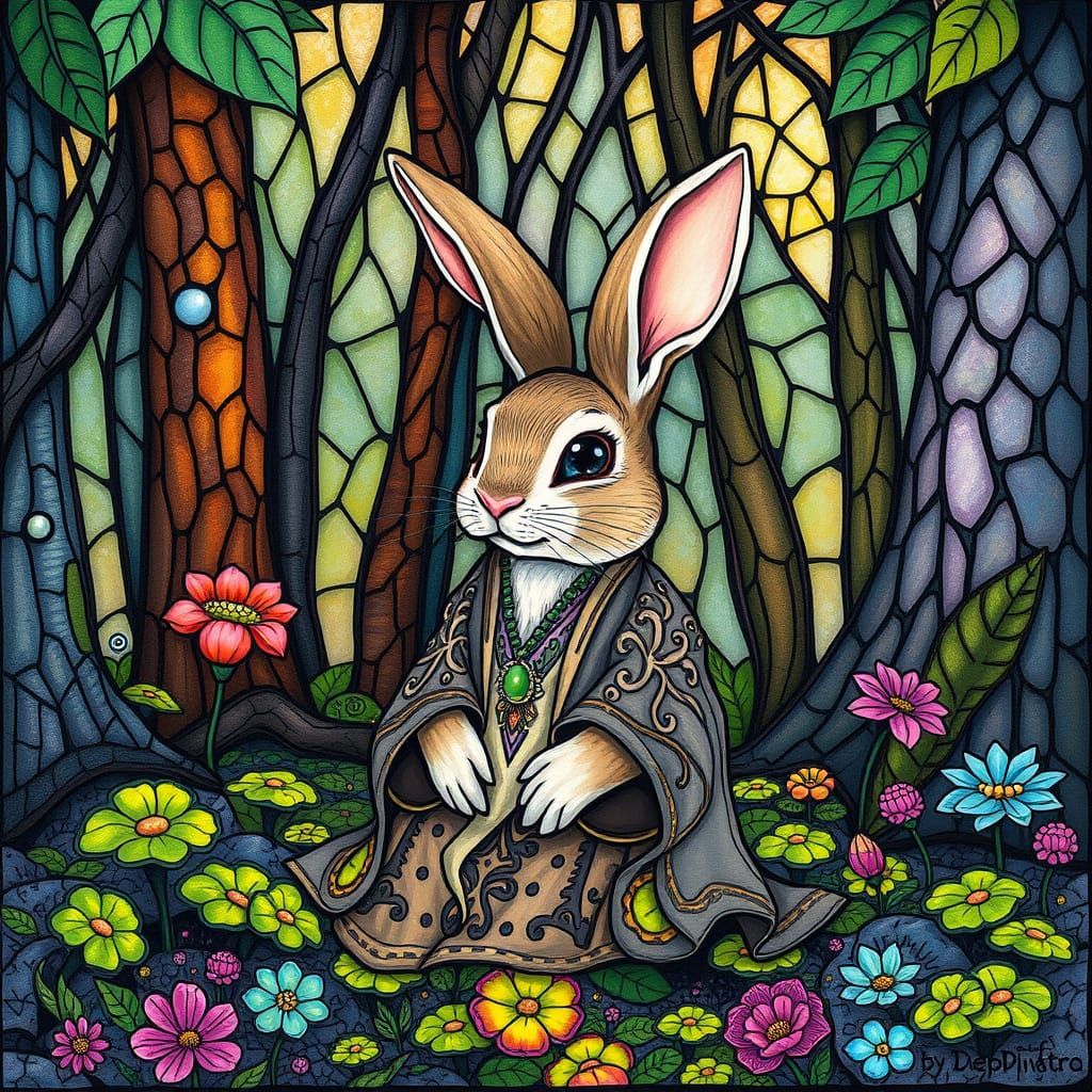 Laughing Bunny in Bioluminescent Forest, Mystical Realism