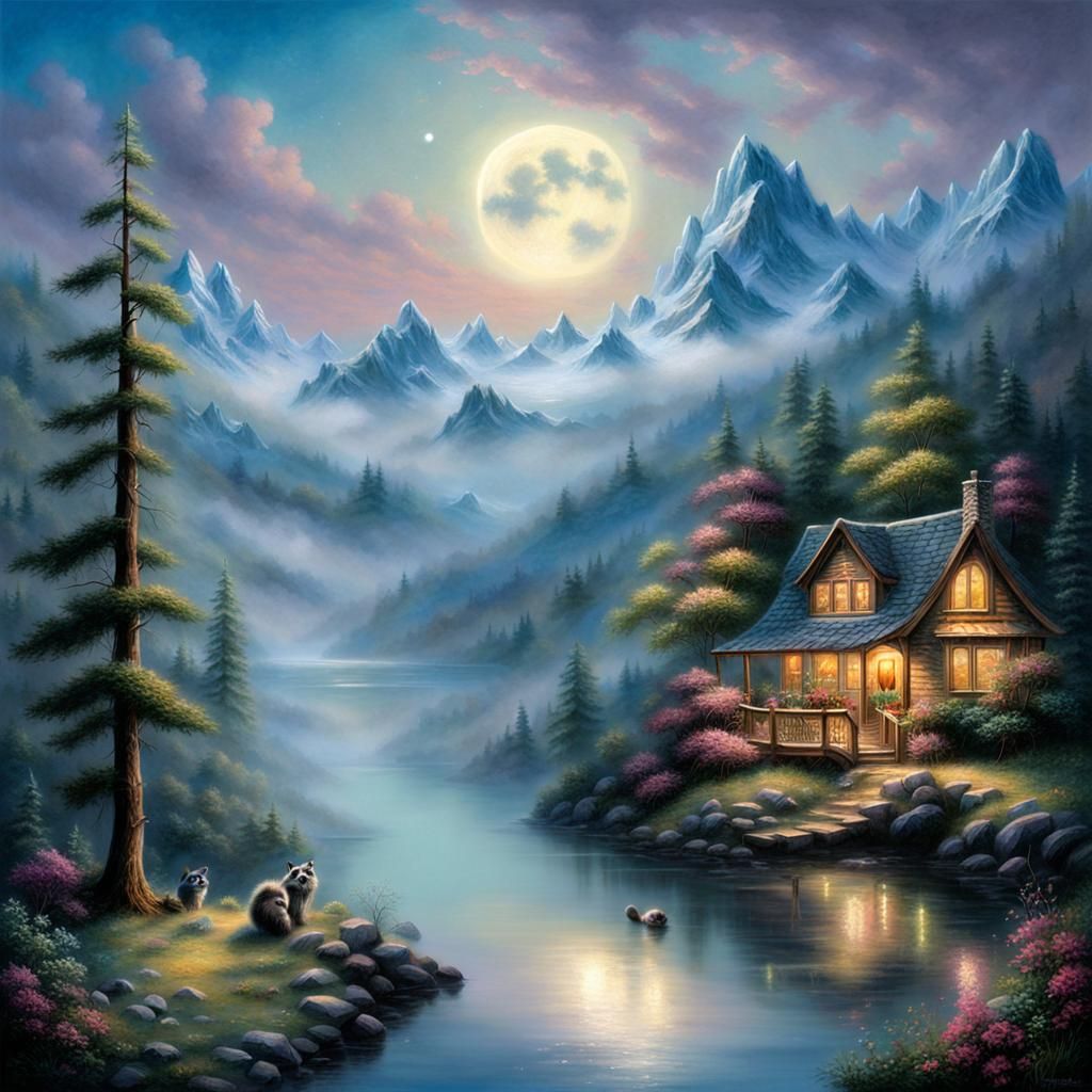 Ethereal Fantasy: Raccoon at Moonlit Lake