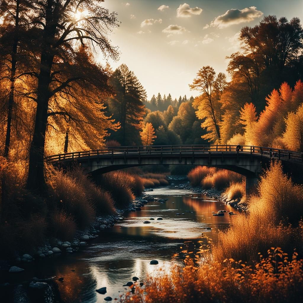 Autumn River Bridge at Sunset: Cinematic Film Still