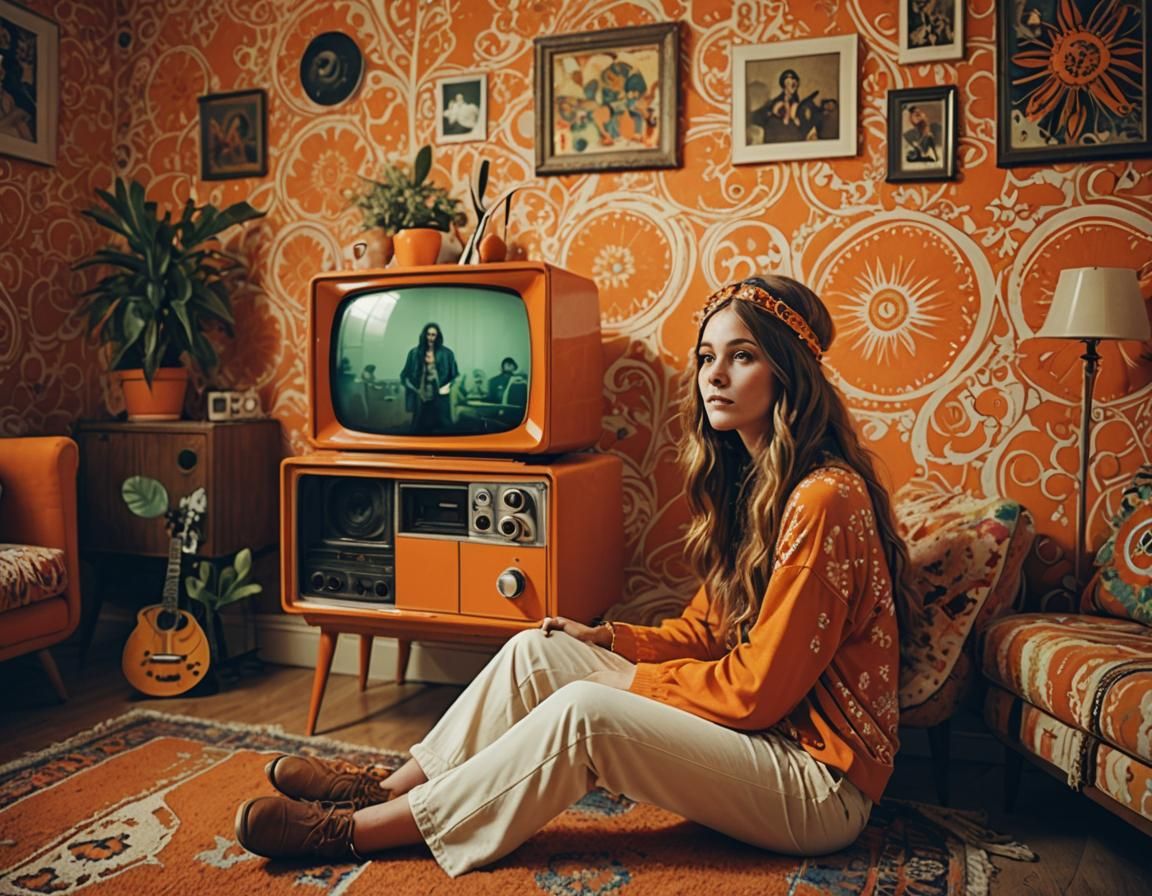 orange vintage TV  in a retro 70ies teen room, intricate det...