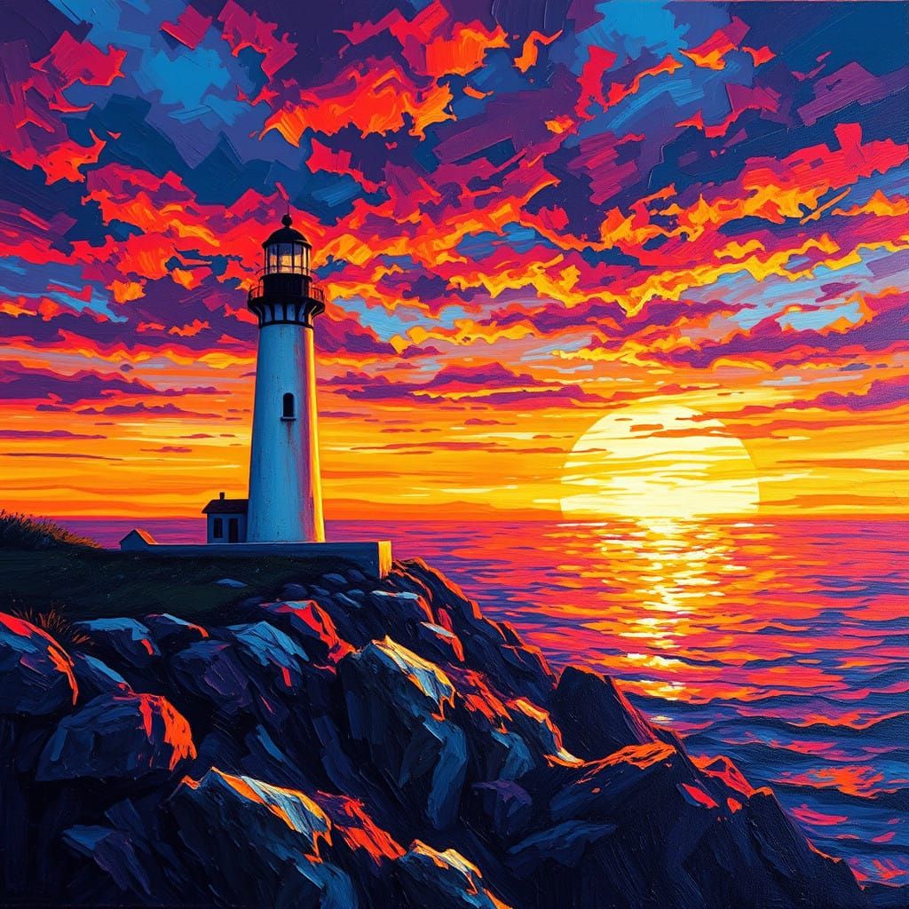 Impasto Sunrise over a Lighthouse