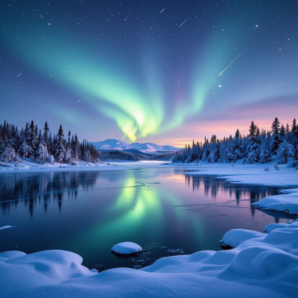 Aurora Borealis Over Frozen Lake in Cinematic Style