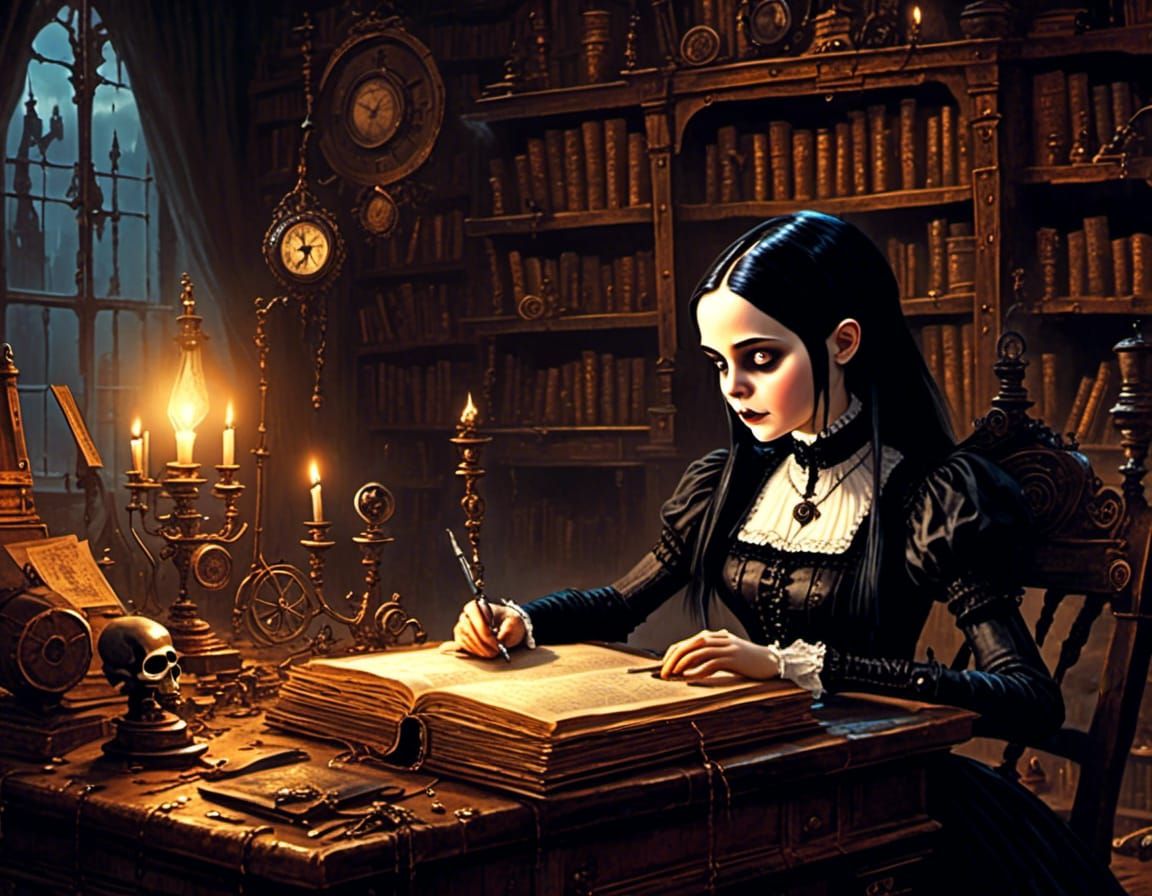 Wednesday Addams in Steampunk Gothic Study