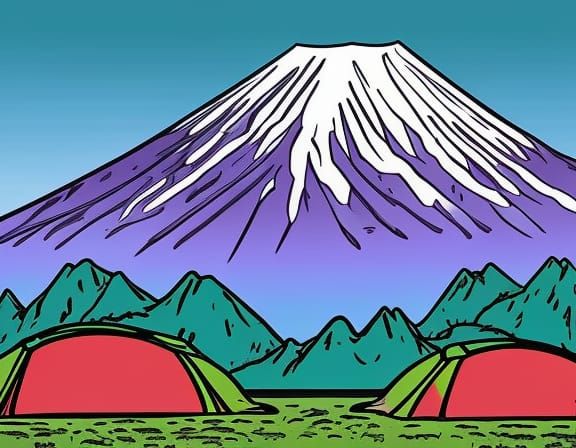 Colorful Comic Book Campground View of Mount Fuji