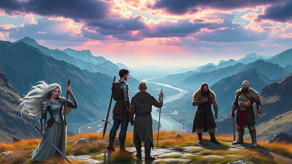 Five Heroes Stand United on Windswept Hill, Majestic River i...