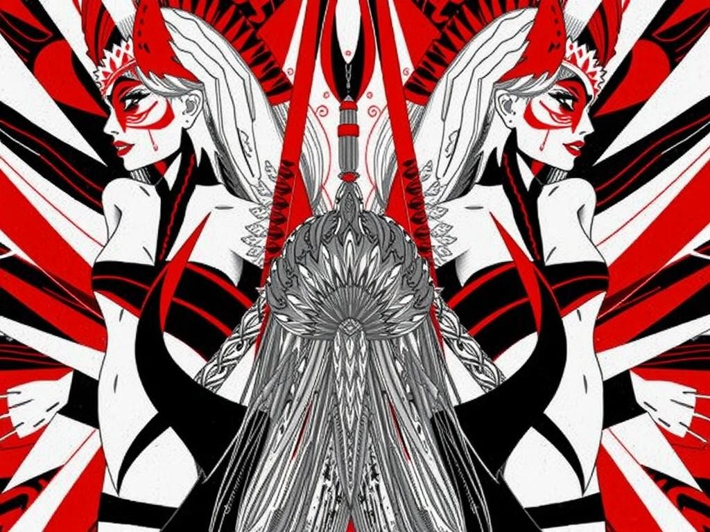 Abstract Feminist Tribal Line Art in Red, Black, White