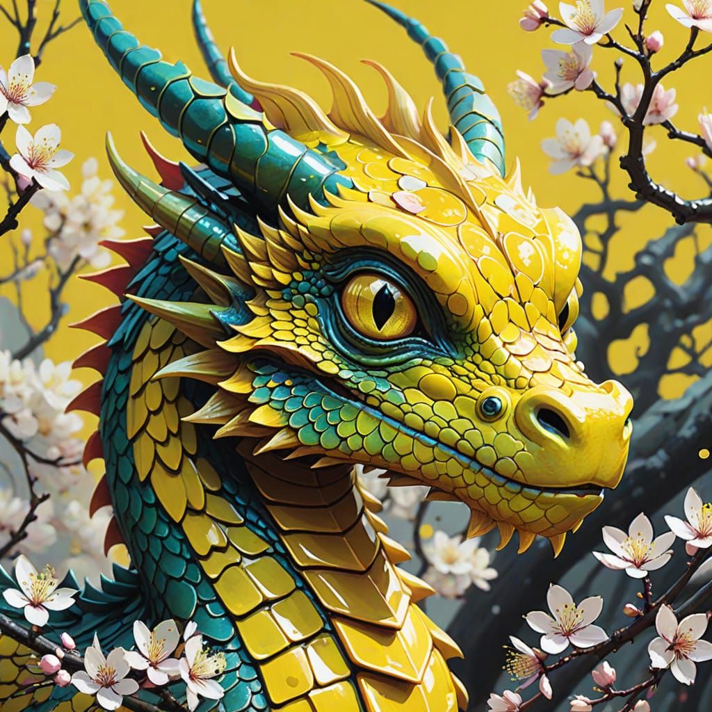 Shimmering Yellow Dragon Embodies Vibrant Cherry Blossom Tex...