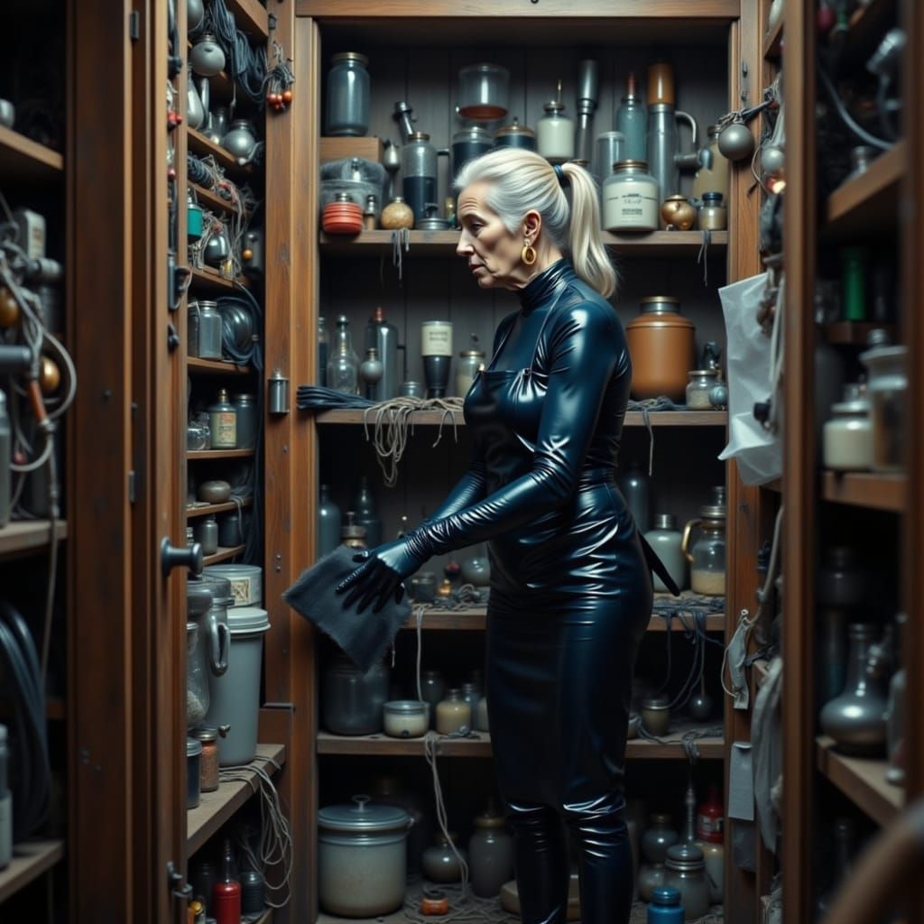 Elegant Woman Dusters Shelves in Shiny Latex Catsuit