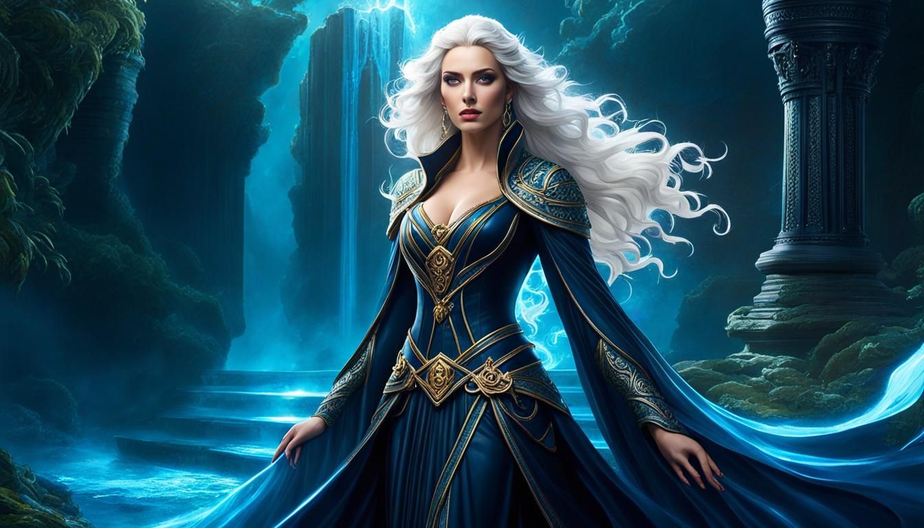 Majestic and Ethereal Sorceress; hyperdetailed full body and...