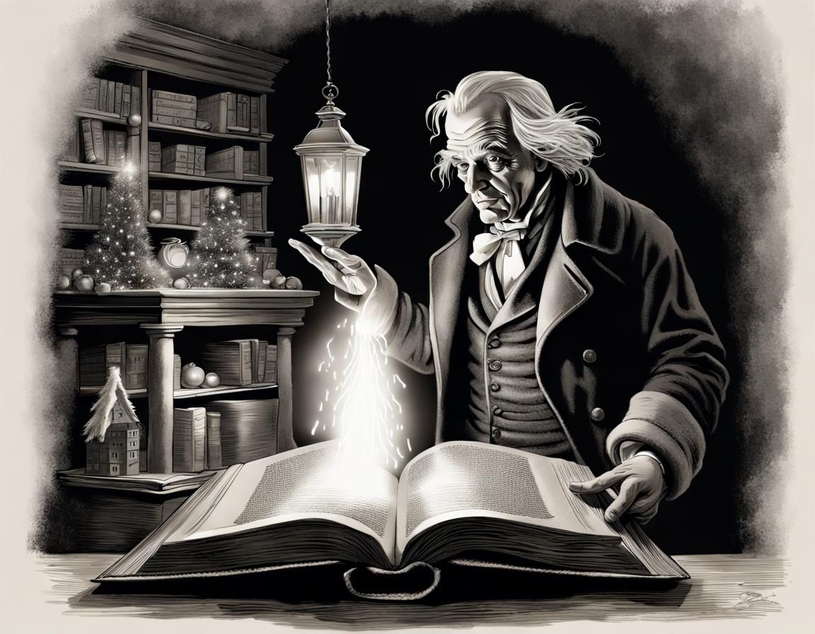 Scrooge and The Spirit in Dramatic Lighting