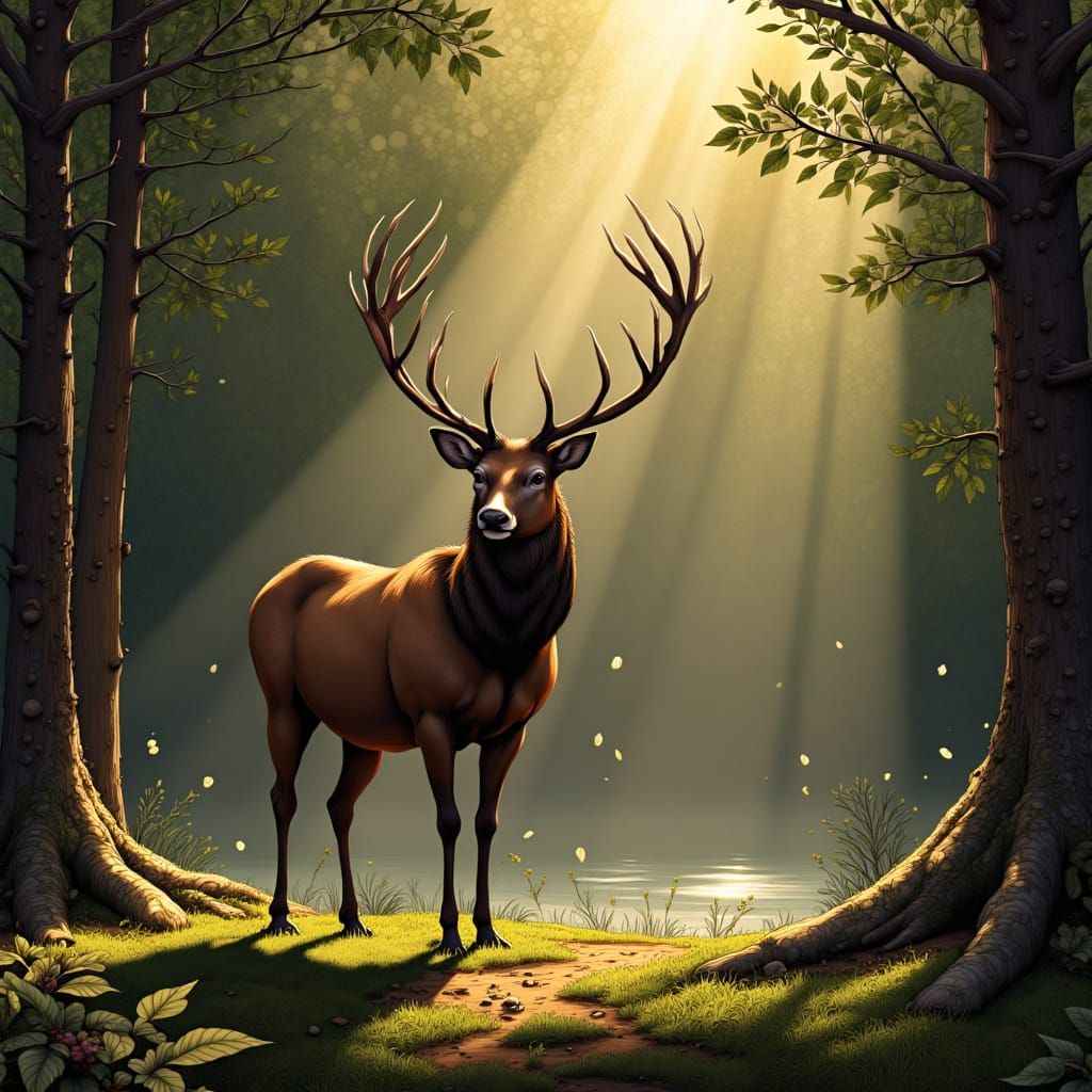 Majestic Stag in Sunlit Forest Clearing