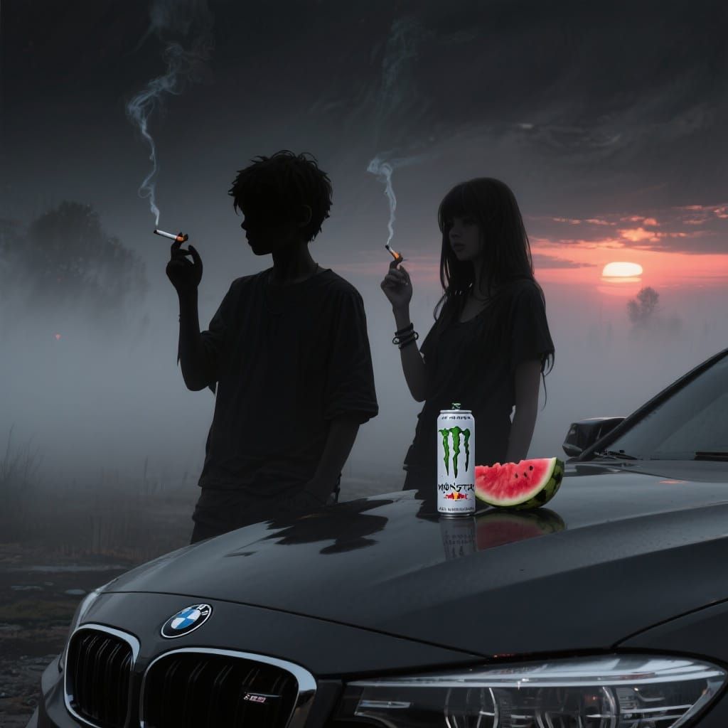 Noir Sundown: Silhouetted Figures with Energy Drinks