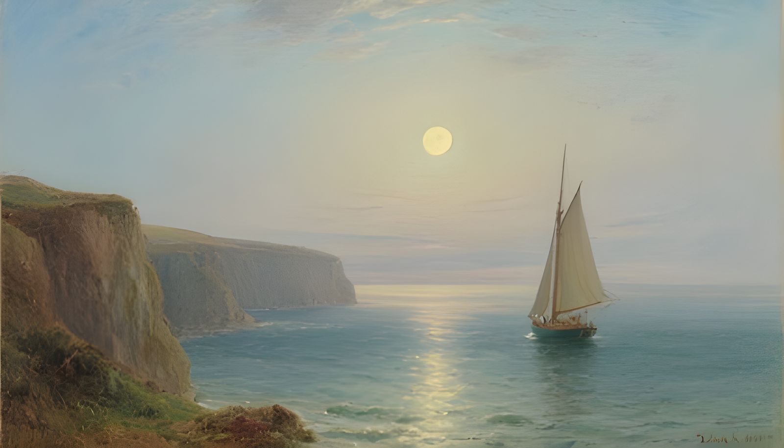 Moonlit Ocean View with Sailboat in Impressionist Style