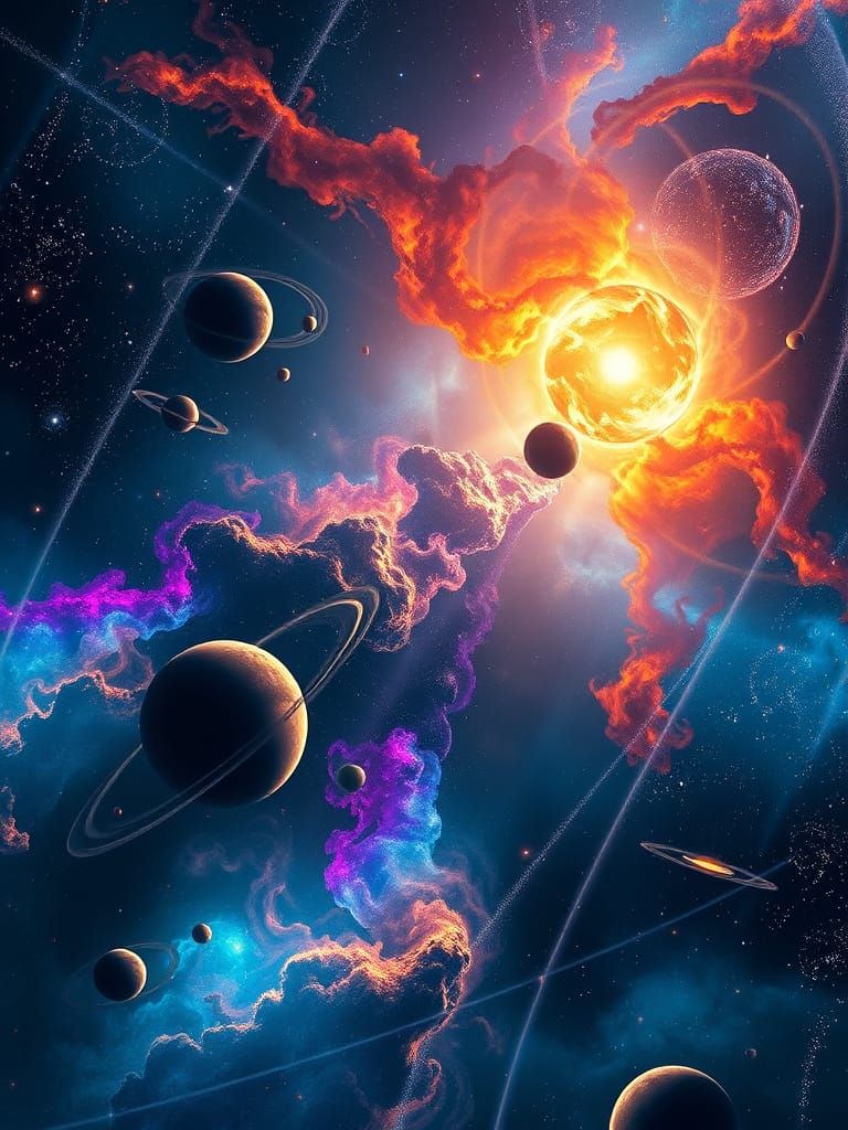 Cosmic Landscape with Nebulae and Galaxies