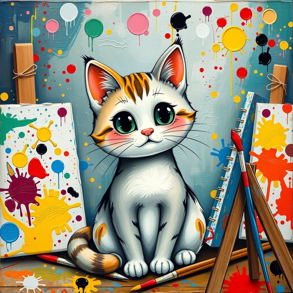 Vibrant Cat Artist at Work in Playful Anime-Inspired Style