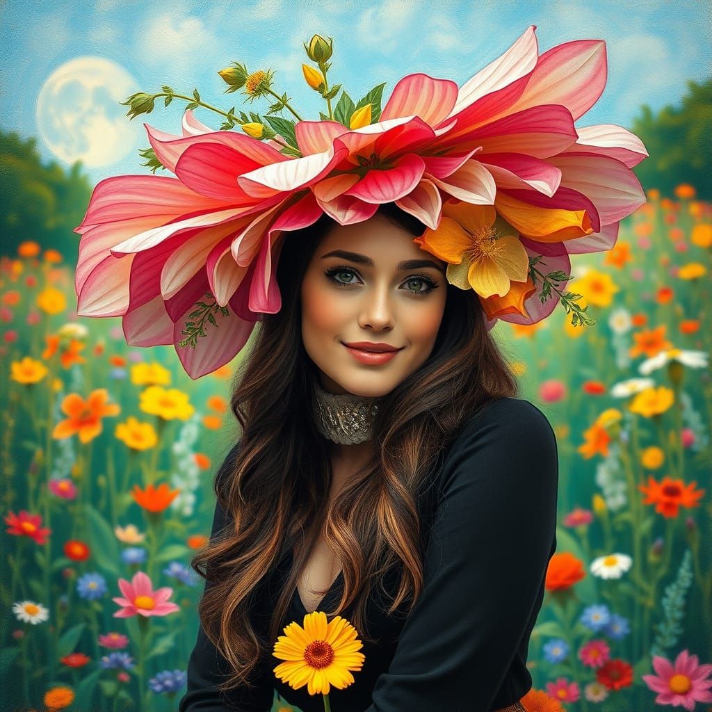 Woman in Whimsical Garden Wearing a Vibrant Flower Crown