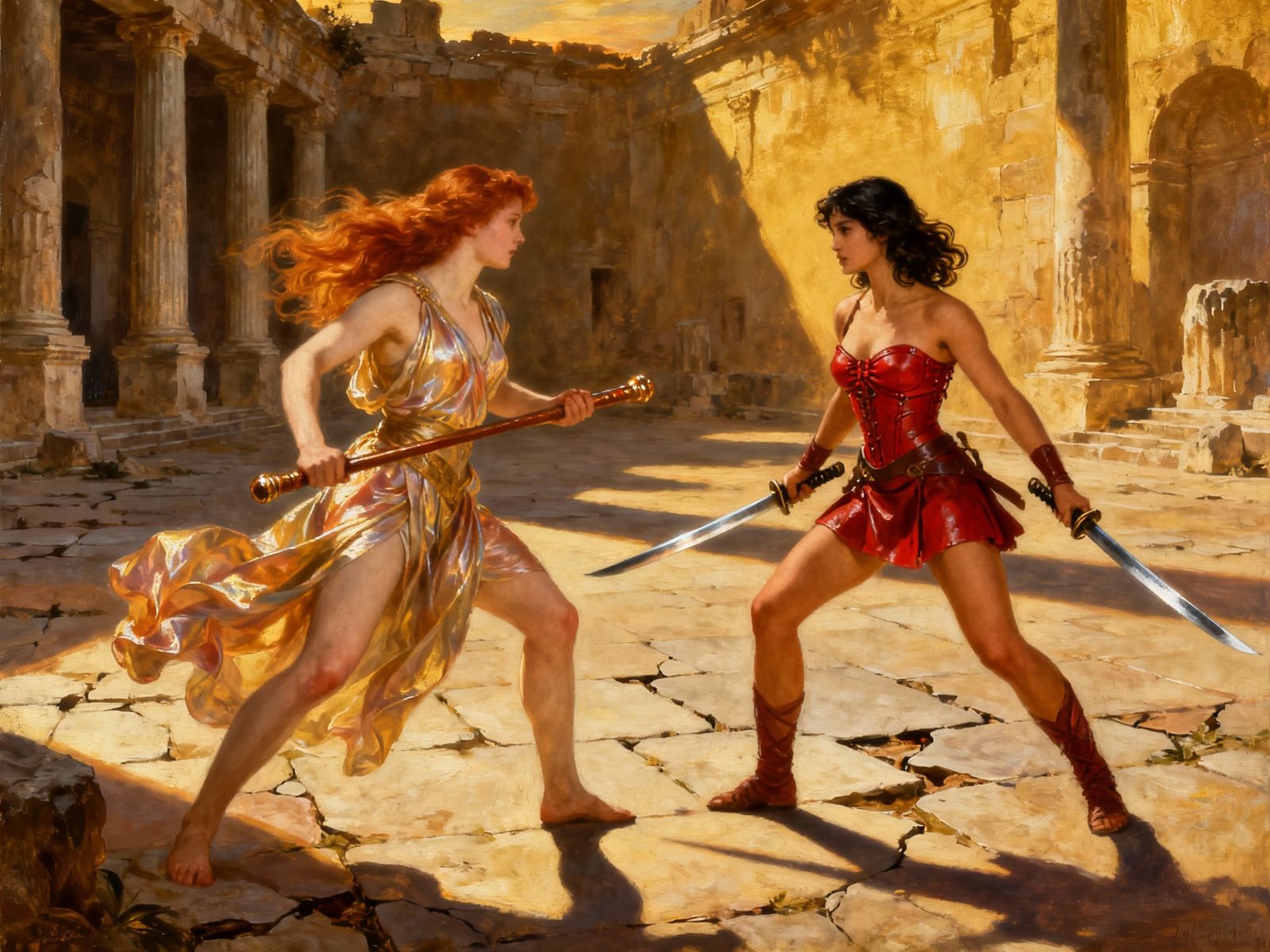 Baroque Masterpiece: Two Warriors in Ancient Courtyard