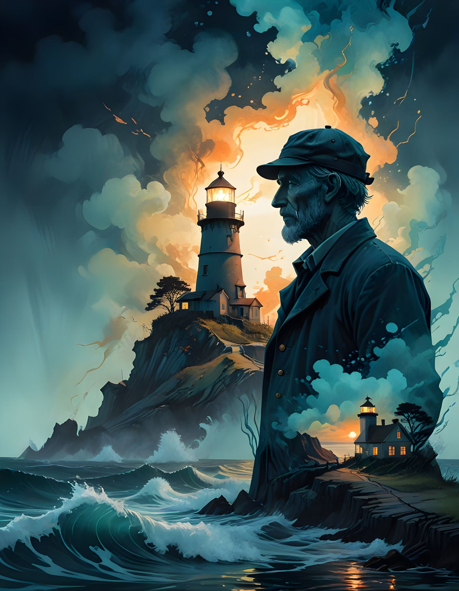 Ethereal Lighthouse Keeper Dissolves into Whimsical Seascape