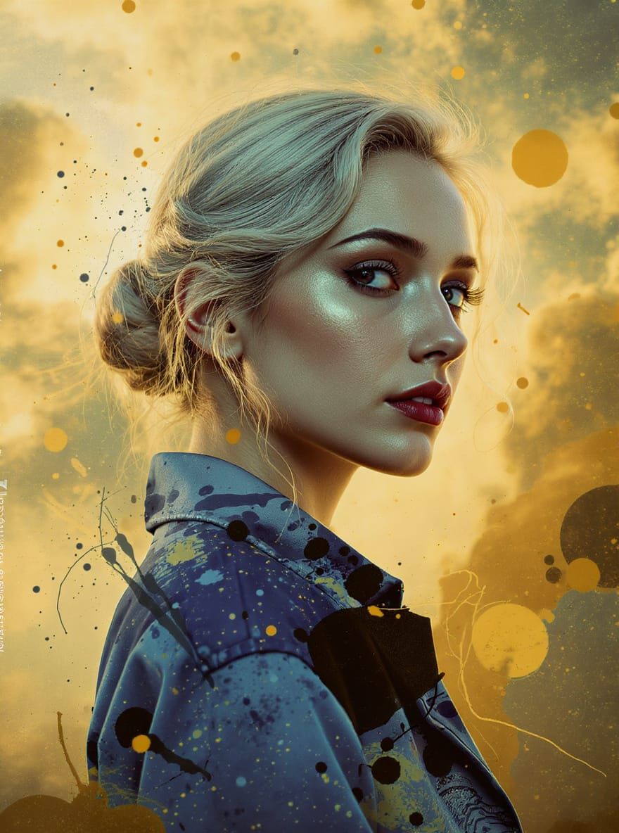 Woman Portrait with Watercolor Splashes in Cinematic Style