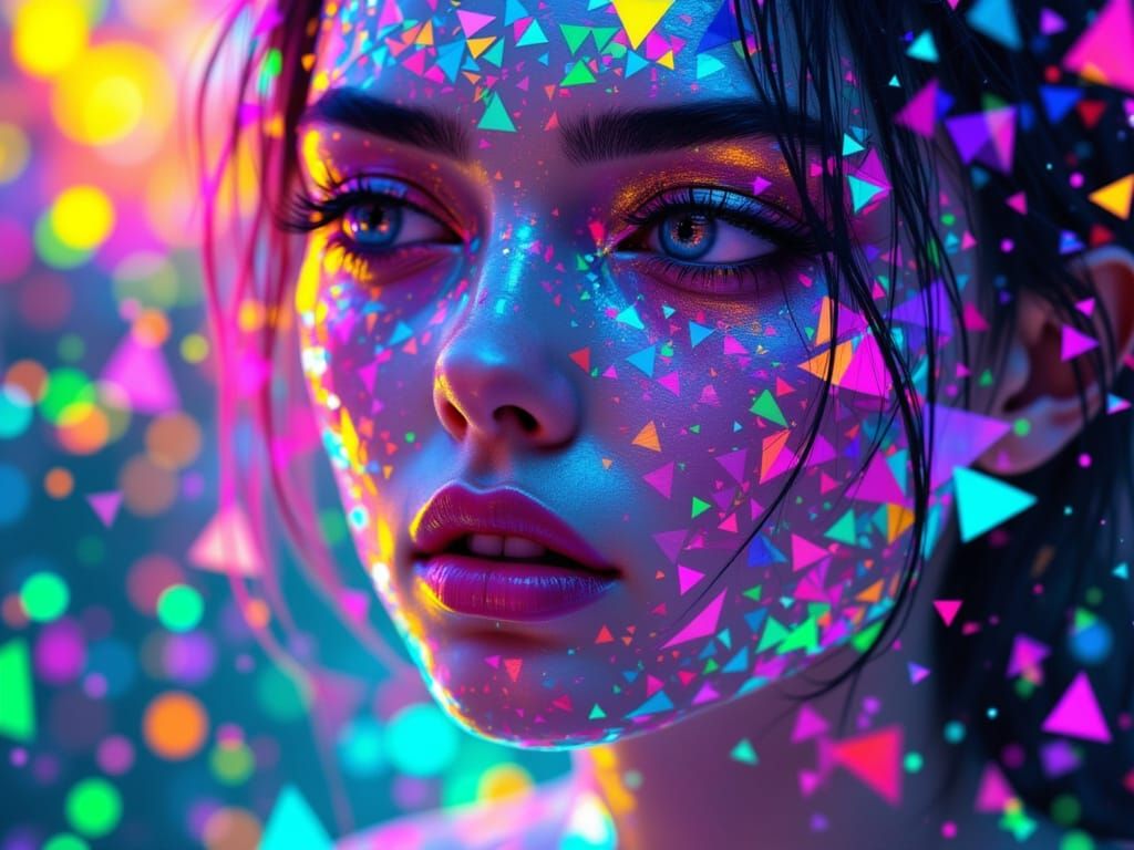 Mosaic Face with Holographic Colors in Cyberpunk Style