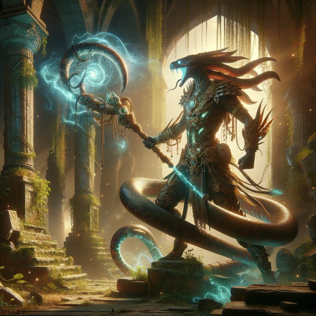 Snake Warrior Guardian of Ancient Temple Ruins