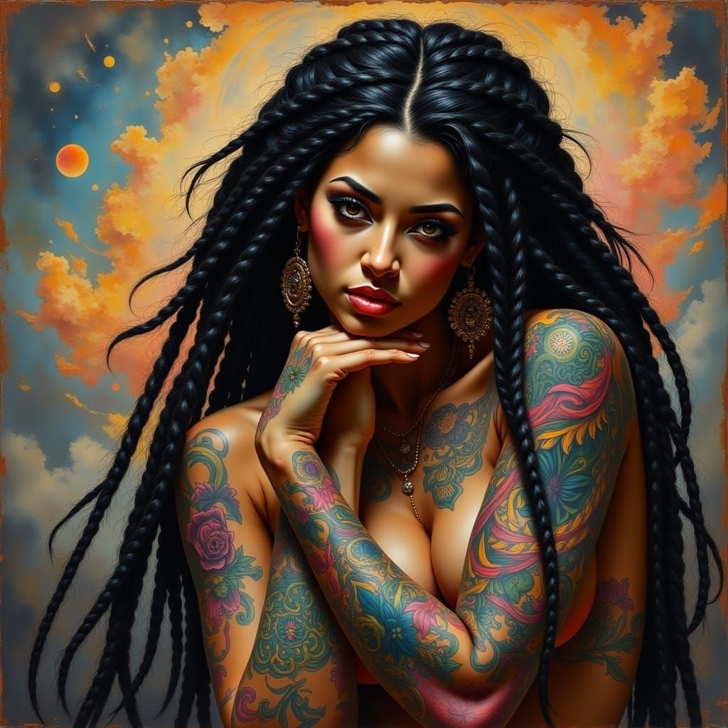 Latina Woman with Braids and Tattoos: Expressive Portrait