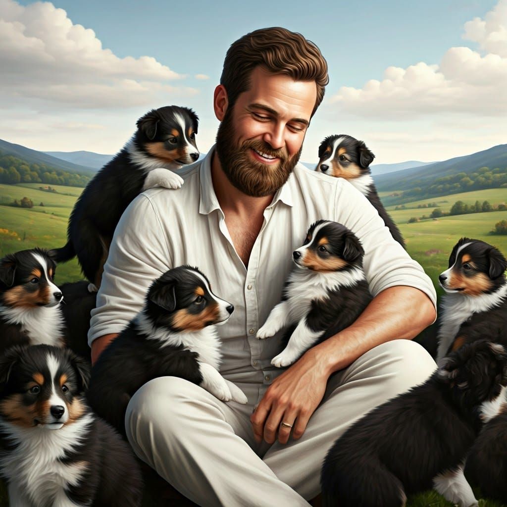Bearded Gentleman Surrounded by Joyful Scottish Shepherd Pup...