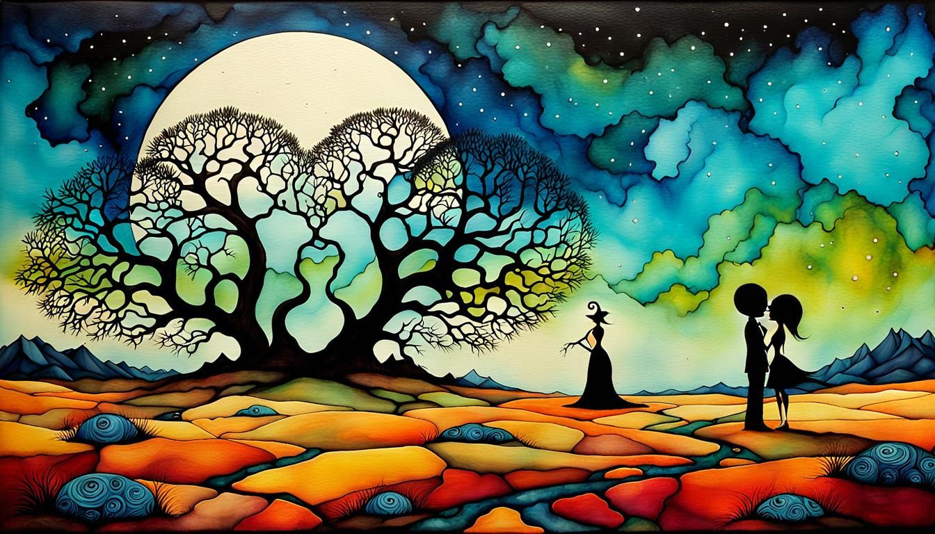 Surreal Lovers' Last Kiss in Desolate Land