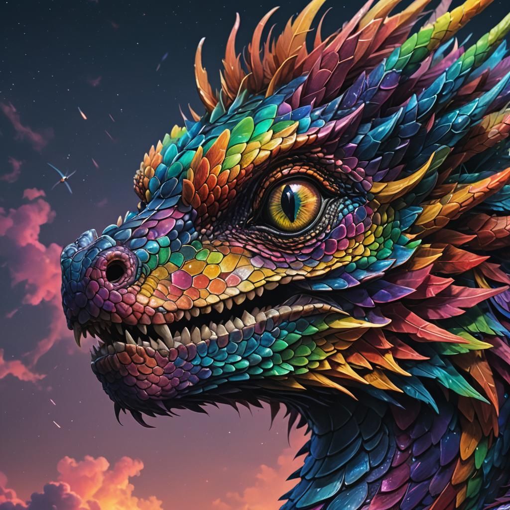 Hyper-Realistic Rainbow Dragon in Majestic Night Sky