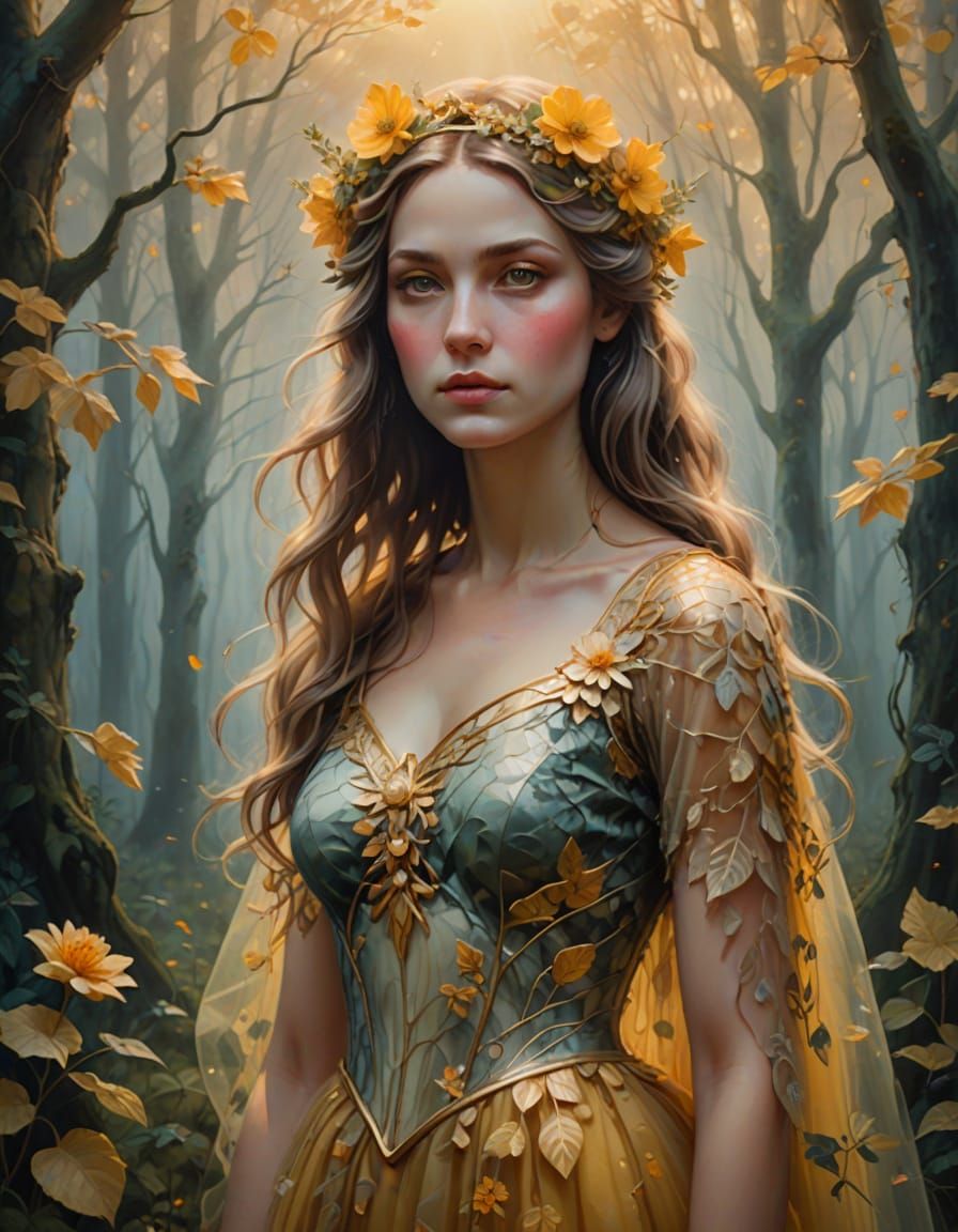 Serene Goddess in Misty Forest Oil Painting