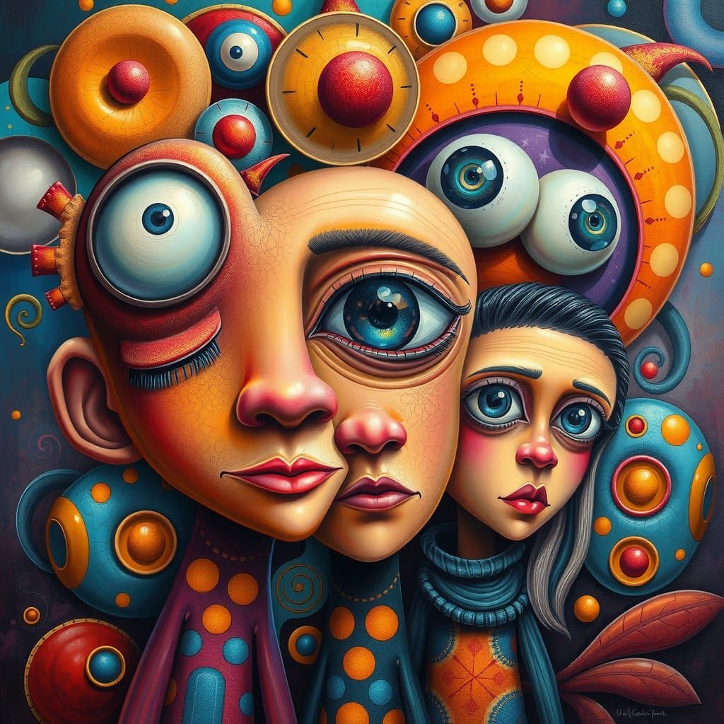 Colorful abstract characters with large expressive eyes and faces, set against a surreal and whimsical background with g...