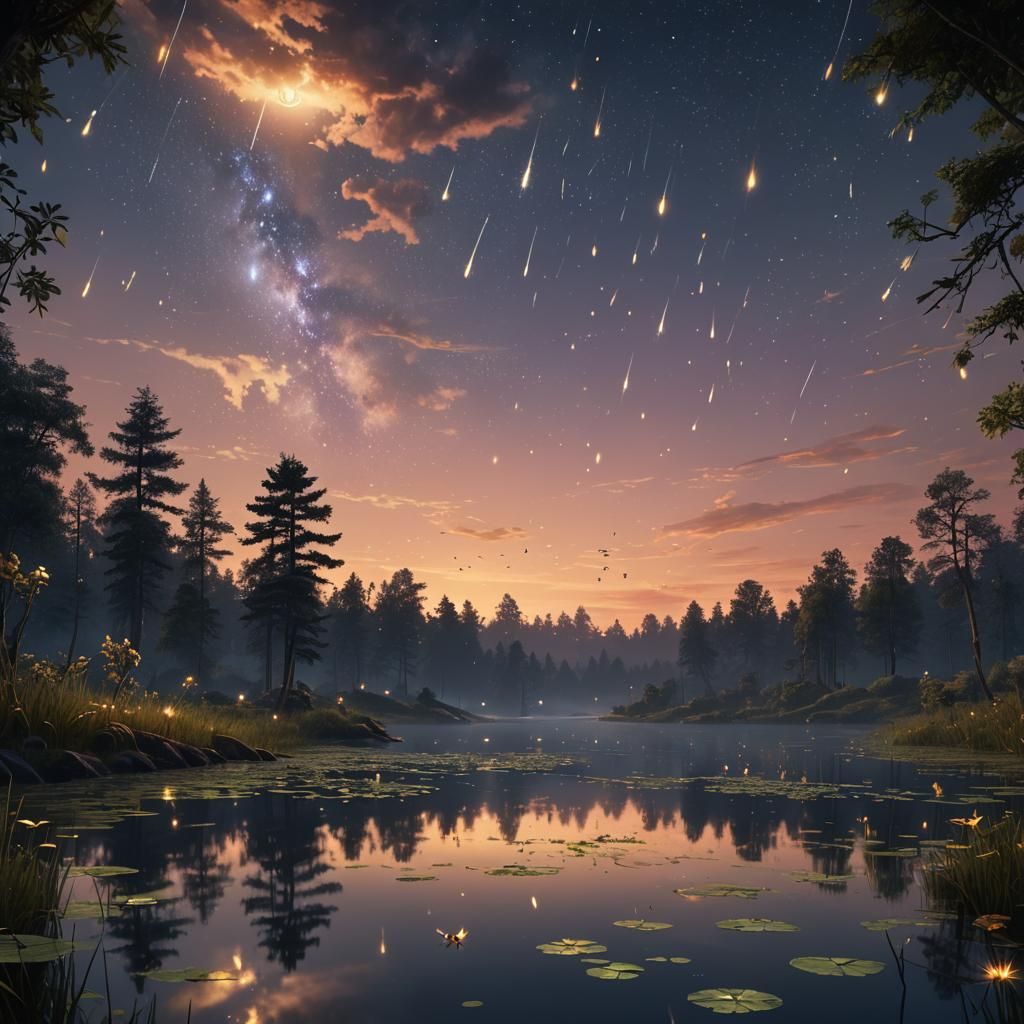 Ethereal Fireflies Over Twilight Lake: Fantasy Concept Art