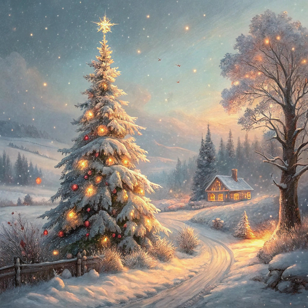 Winter Landscape with Christmas Tree in Classic Style
