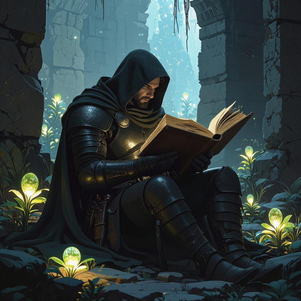 Warrior Reading in Glowing Ruins, Dark Fantasy Art