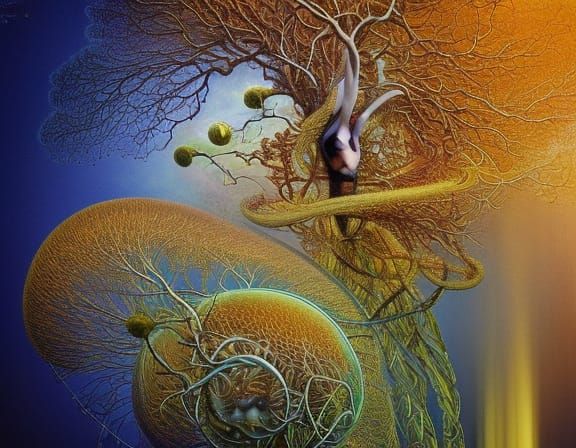 Brain Network with Fractal Trees in Warped Perspective