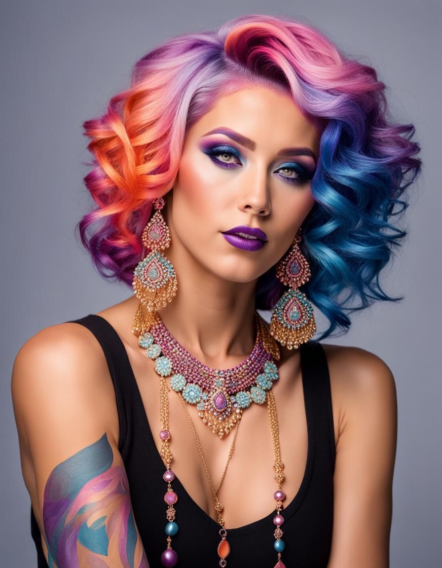 Vibrant Portrait: Solo Woman with Multicolored Hair