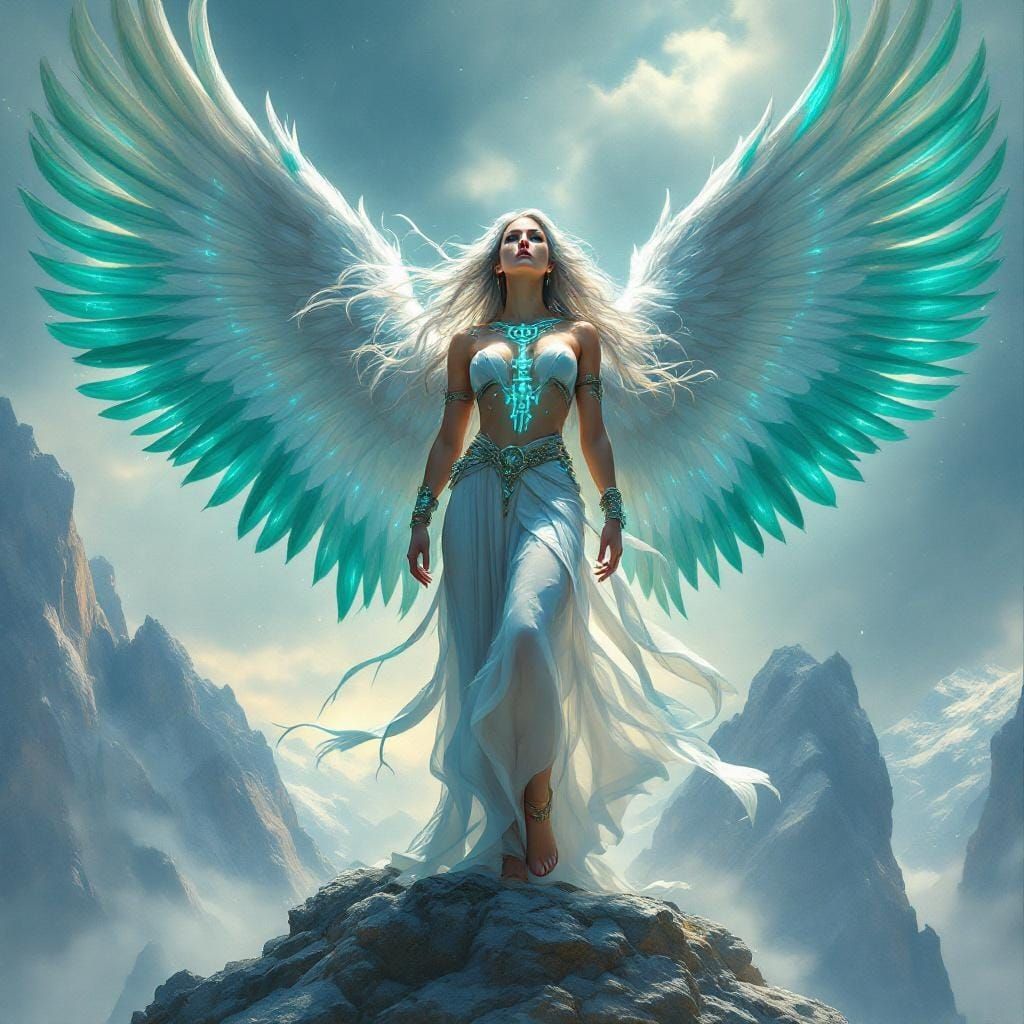 Celestial Warrior Woman with Turquoise Wings