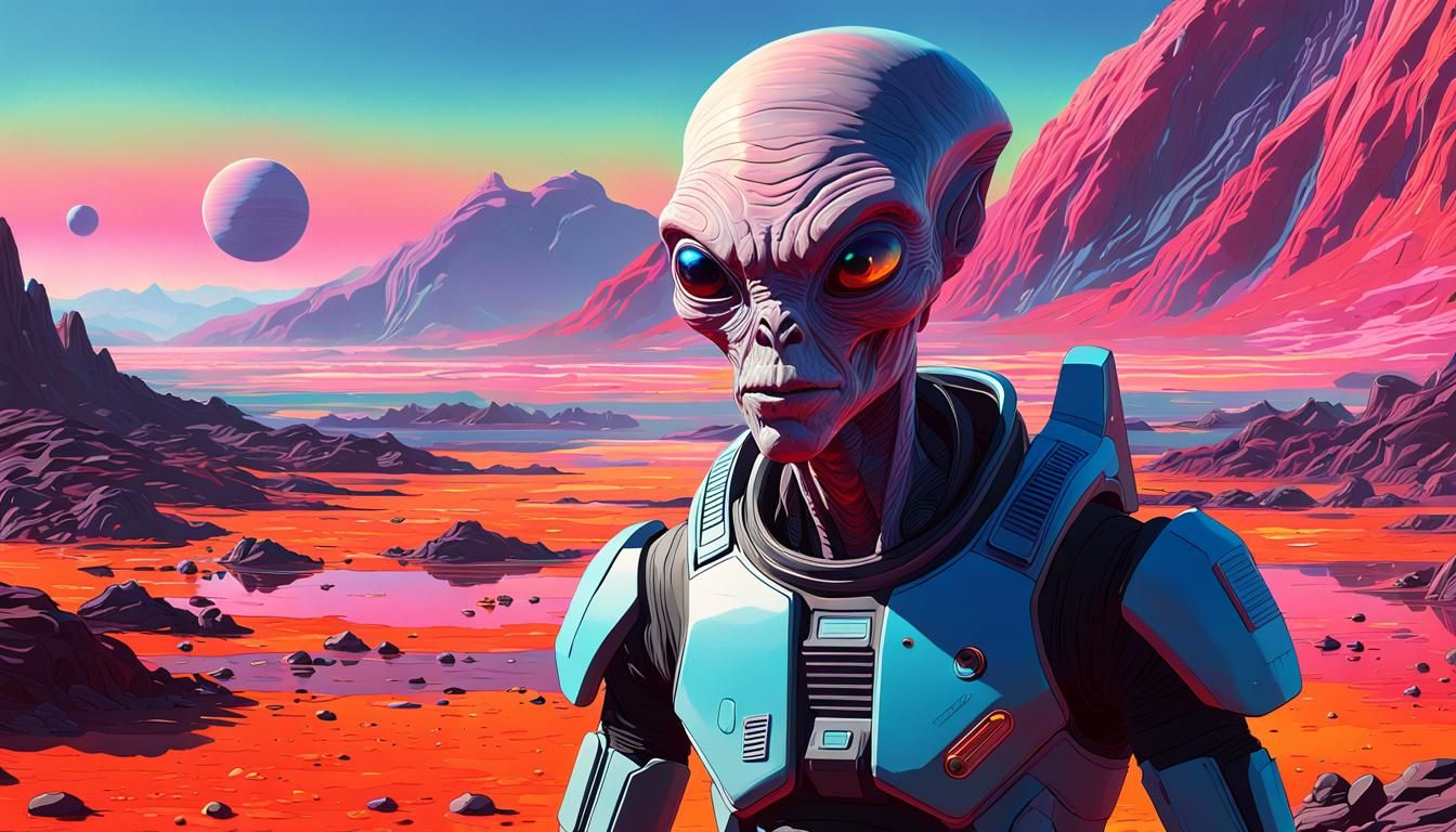 Alien Artist Stands Proud in Front of Exoplanet Landscape