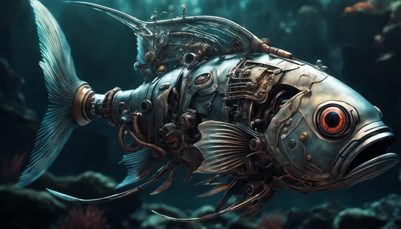 Detailed Cyborg Fish in Fantasy Horror Style