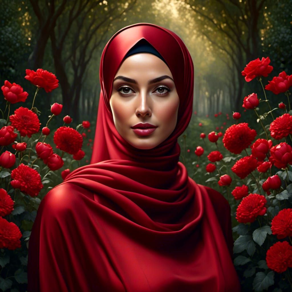 Mystic Garden Portrait of Woman in Red Hijab