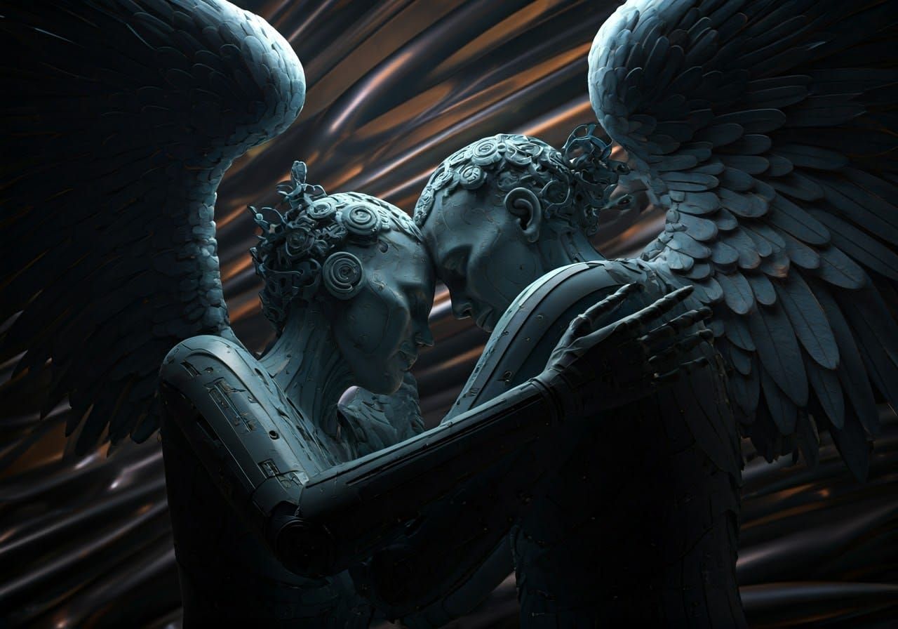 Cyborg Angels Embrace in Futuristic Sci-Fi Scene