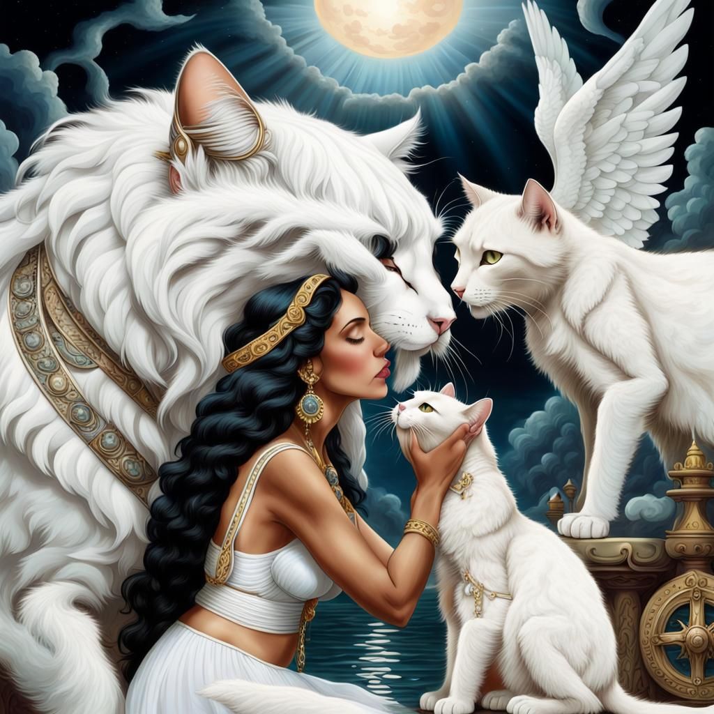 White Cat Kisses Praying Woman on Neptune