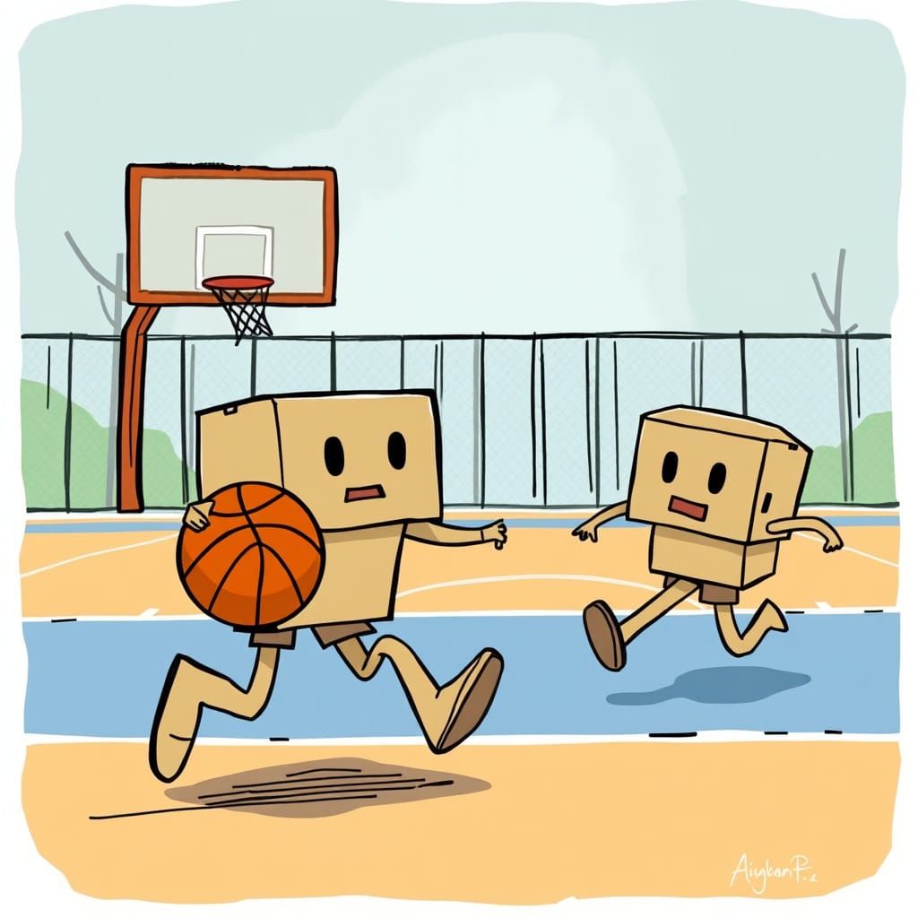 Cartoon Cardboard Boxes Play Basketball