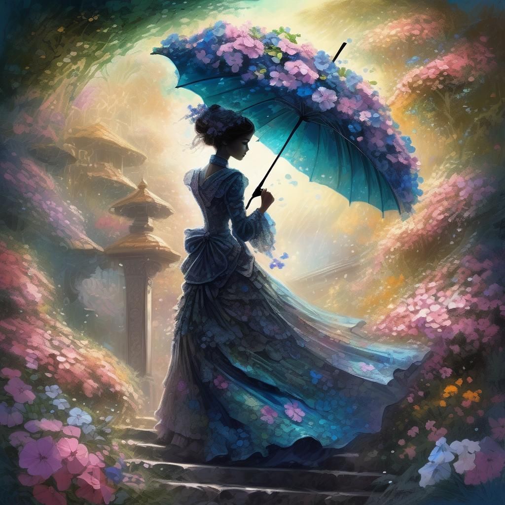 Fantasy Woman with Floral Umbrella in Royo Style