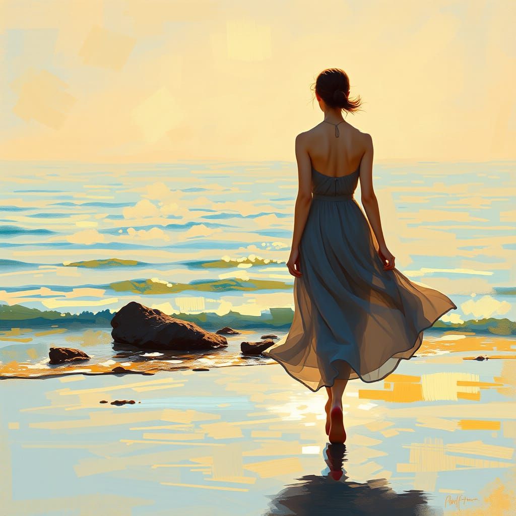 Woman Strolls Tranquil Shoreline in Golden Sunlight