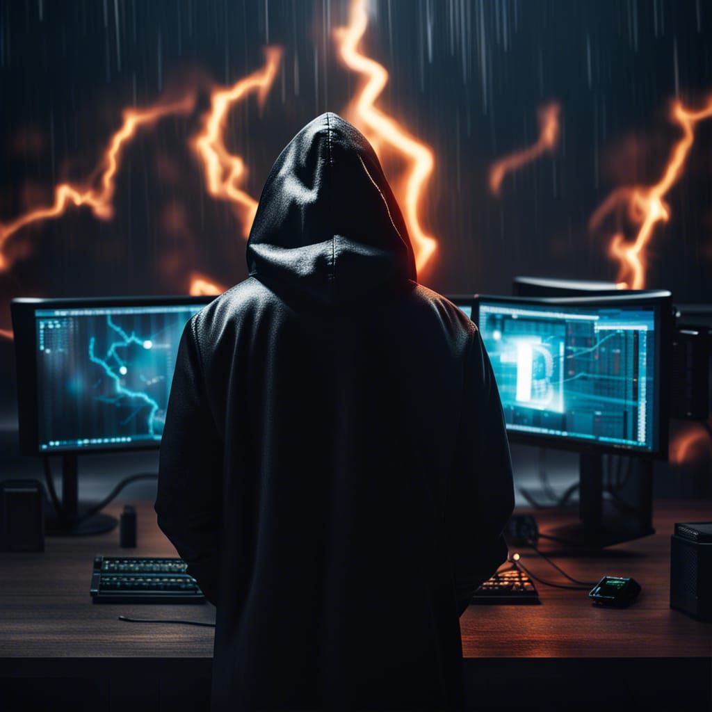 Hacker in Dark City with Bitcoin Logo